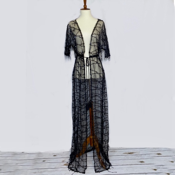 Sheer Black Lace Beach Coverup Robe with Sequins - Picture 4 of 14